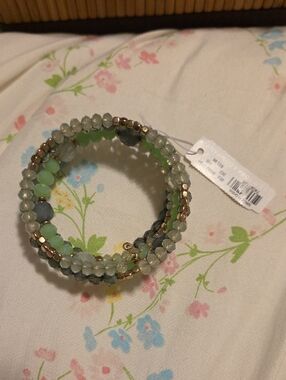 New York & Company Pale Green and Gray Coil Bracelet with Gold Beads